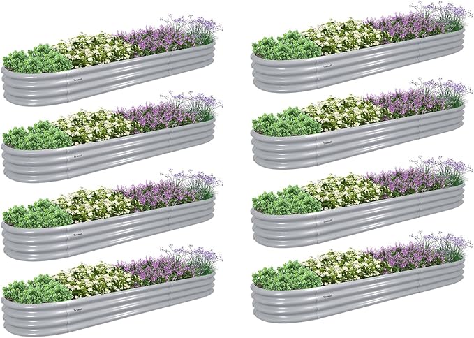 8 Pack 12x2x1FT Galvanized Raised Garden Bed Kit Oval Metal Ground Planter Box Outdoor Bottomless Planter Raised Beds for Vegetables Flowers Herbs Fruits, Gray