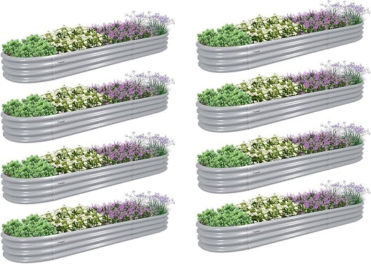 8 Pack 12x2x1FT Galvanized Raised Garden Bed Kit Oval Metal Ground Planter Box Outdoor Bottomless Planter Raised Beds for Vegetables Flowers Herbs Fruits, Gray