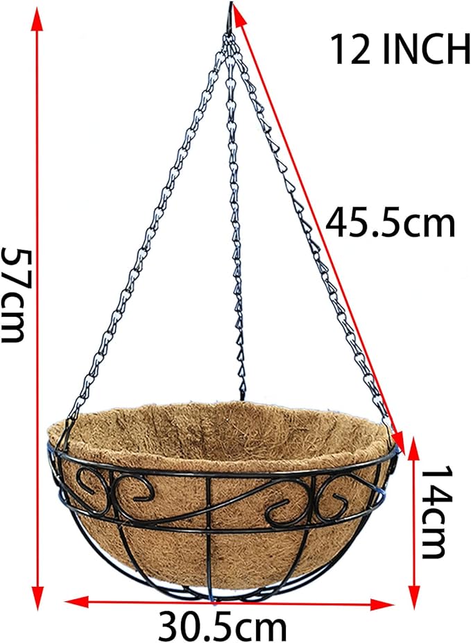 Outdoor Metal Hanging Planters Basket (4pack, 12 inch) Hanging Baskets for Plants Chain Round Wire Plant Holder with Coco Fiber Liners for Garden, Patio, Deck, Porch(Flower Border)