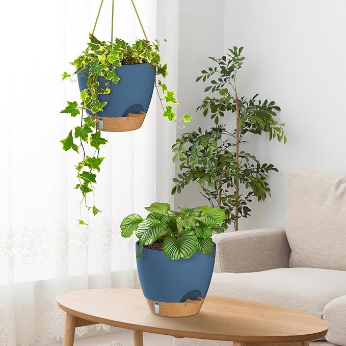 ZMTECH 10 Inch Hanging Planters for Indoor Plants & Outdoor - 2 Pack Self-Watering Hanging Pots with Drainage Holes, Visual Reservoir, Plastic Hanging Baskets Flower Pots with Removable Saucer, Blue