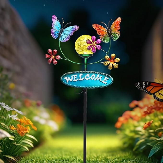 Solar Garden Stakes Metal Welcome Signs for Outside 28.1' - 2 Flying Butterflies with Cracked Glass Ball,Decorative Garden Stakes for Lawn, Patio, Butterfly Gifts for Women