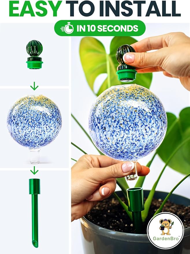 16 Oz Plant Watering Globes for Indoor Plants with Metal Self Watering Planter Insert - Premium XL Glass Hand-Blown Globe - Automatic Plant Waterer Indoor, Gift Idea for Gardener [1 Globe, Blue Gold]