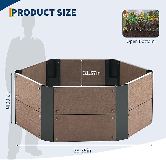 GarveeLife Hexagon Raised Garden Bed Kit, 6-Panel Wood Look Planter Box for Indoor & Outdoor Use, 11.8 Inches Deep Large Herb & Vegetable Grow Bed for Patio, Balcony, Yard