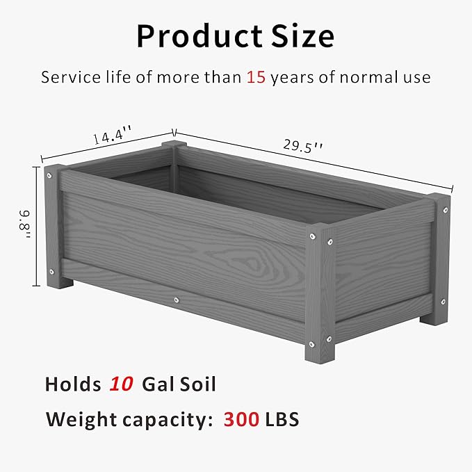 HDPE Raised Planter Box Outdoor,Rot-Resistant and Non-Cracking,Raised Beds for Gardening 29.5 * 14.4 * 9.8 in for Yard,Lawn,Outdoor Planter Boxes Rectangle with Drainage Holes Gray