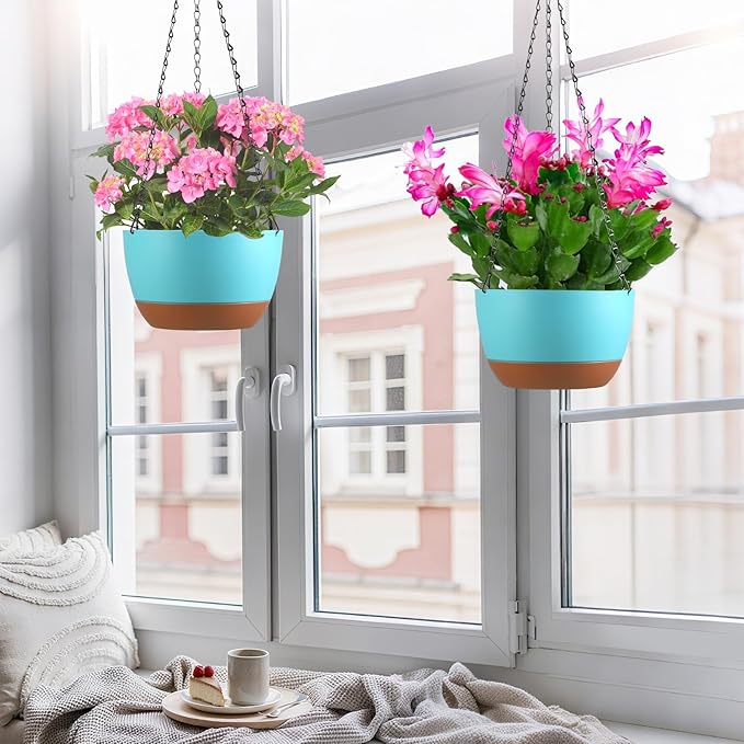Set of 2 10 Inch Self Watering Hanging Planters for Indoor Outdoor Plants, Color Blocking Hanging Baskets Flower Pots with Drainage Hole & Removable Water-Storage Tray