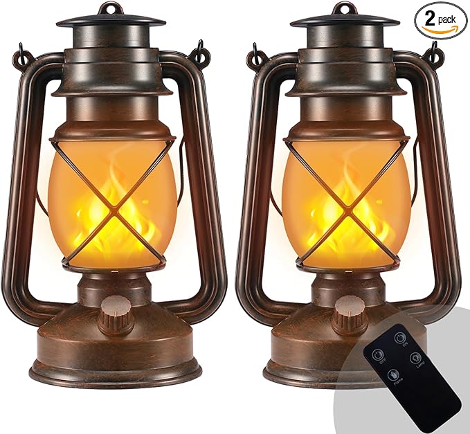 Outdoor Lanterns Waterproof Hanging Vintage LED Camping Lamps with Dancing Flame Non-Solar Remote Control Light Landscape Decor for Table Patio Garden Yard Pathway Porch 2Pack (3AA Batteries Power)