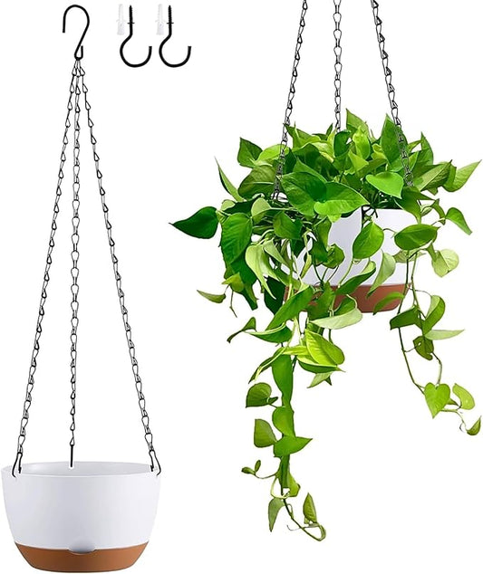 Kvetto Set of 2 8 Inch Self Watering Hanging Planters for Indoor Outdoor Plants, Color Blocking Hanging Baskets Flower Pots with Drainage Hole & Removable Water-Storage Tray