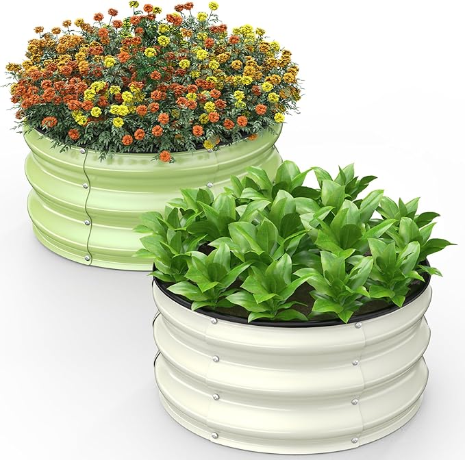 Galvanized Raised Garden Bed, 2pcs 2x2x1 FT Round Planter Box for Outdoor, Raised Beds for Gardening Vegetables Flower Herb(Pearl White & Sage Green)