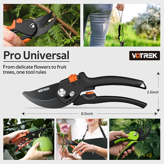 VOTREK Pruning Shears for Gardening, [Patented Stepless Handle Opening] - Plant Scissors with Ultra-Sharp SK5 Steel for Weak Hand, Universal Fit for All Hand Sizes, Effortlessly Cuts 1-Inch Branches