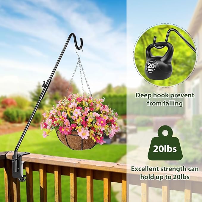 BOLITE Heavy Duty Deck Hook, 20 Inch Bird Feeder Hanger for Hummingbird Feeders, Planters, Lanterns, Wind Chimes, 360° Rotatable Arm, Black, Birthday Gifts for Women Men, Gifts for Mom Dad