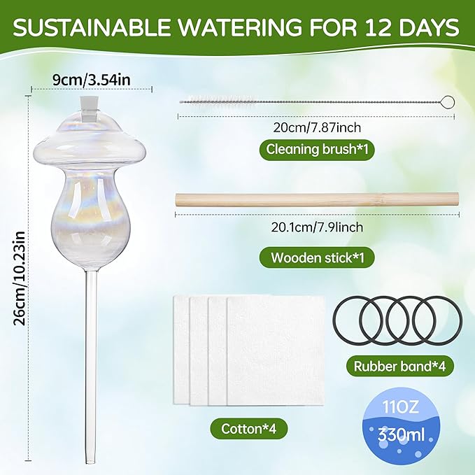 11 oz Up Large Plant Watering Globes, Self Watering Planter Insert, Glass Plant Watering Devices, Mushroom Self Watering Globes, Automatic Watering Bulbs for Indoor Outdoor Plants (Large 4-Pack)