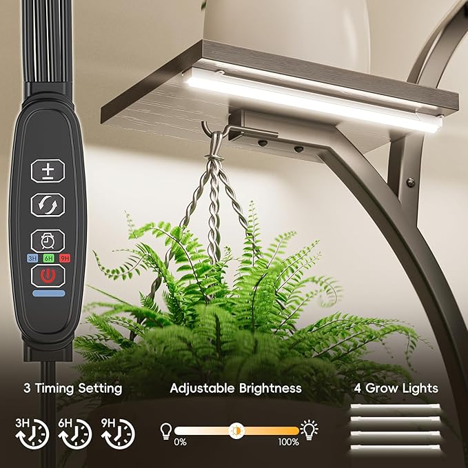 Plant Stand Indoor with 4 Grow Lights - 63" Tall Plant Shelf- 8 Tiered Corner Plant Flower Stands Display Shelves for Home, Patio (Black)