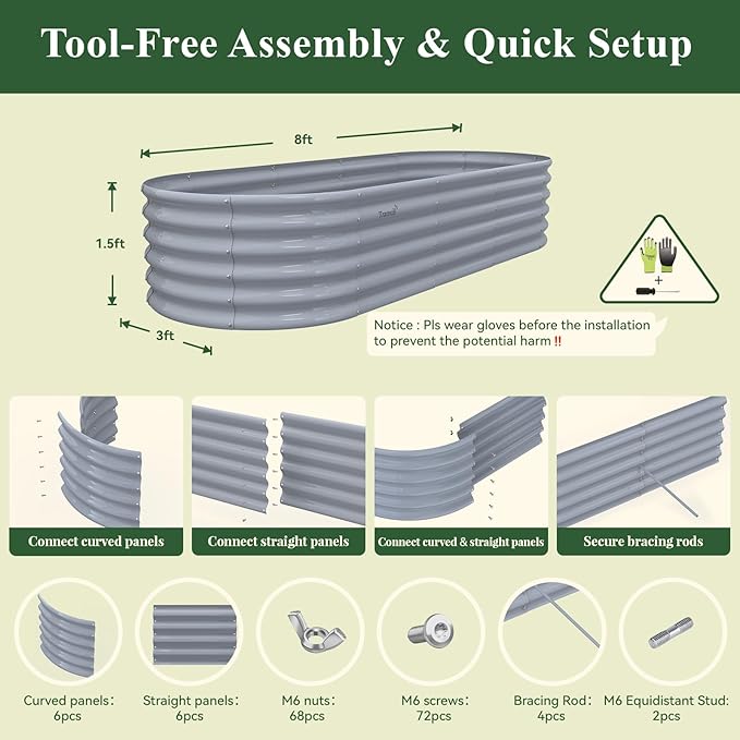 Galvanized Raised Garden Bed, 8x3x1.5ft Oval Rot-Resistant Metal Planter Box with Easy Tool-Free Assembly, 18-inch Deep Ergonomic Large Outdoor Gardening Bed for Plants Vegetables, Flowers, Herb(Gray)