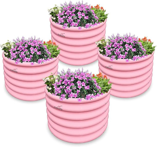 A ANLEOLIFE Kids Mini Raised Garden Beds Outdoor (4-Pack)-24x24x18in Round Galvanized Metal Planter Box for Planting Vegetables, Flowers, Fruits, Eco-Safe & Easy Setup, Blush Pink