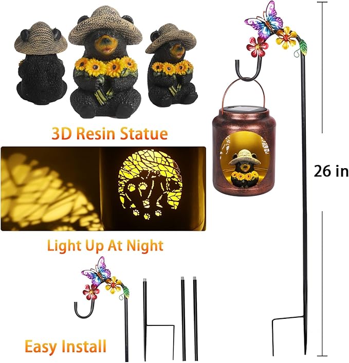 Solar Lanterns Outdoor Waterproof Metal Black Bear Patterns with Resin Black Bear Inside Garden Decor Gifts for Women Mom Grandma Hanging Solar Lights Decoration Outside for Yard, Patio, Backyard