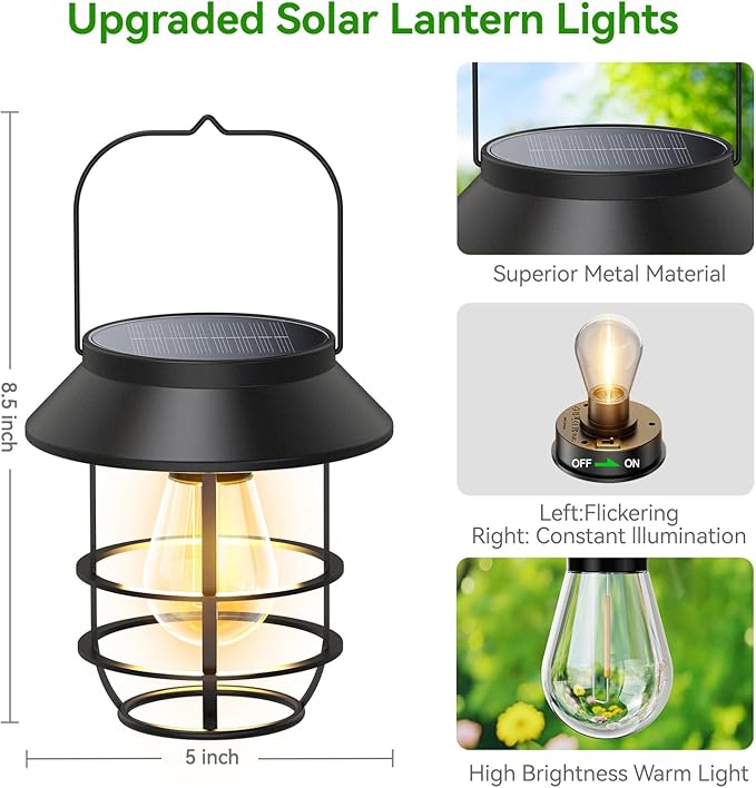 Solar Lanterns Outdoor Waterproof, High Brightness Hanging Solar Lights for Outside with Wall Hooks, Halloween Decor Retro Metal Outdoor Lanterns Auto On/Off for Patio, Yard Decor, Black,4Pack