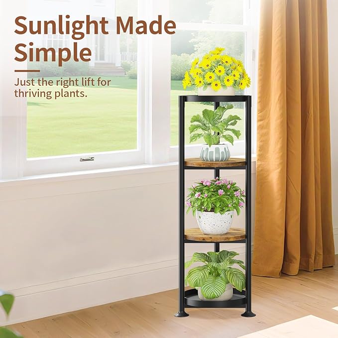 LASZOLA 4 Tier Black Plant Stand Indoor for Large Tall Heavy Duty Flower Planter, Metal Vertical Multi Level Rack for Narrow Floor Corner, Sturdy Round Holder Organizer, Modern, Mid Century, Farmhouse