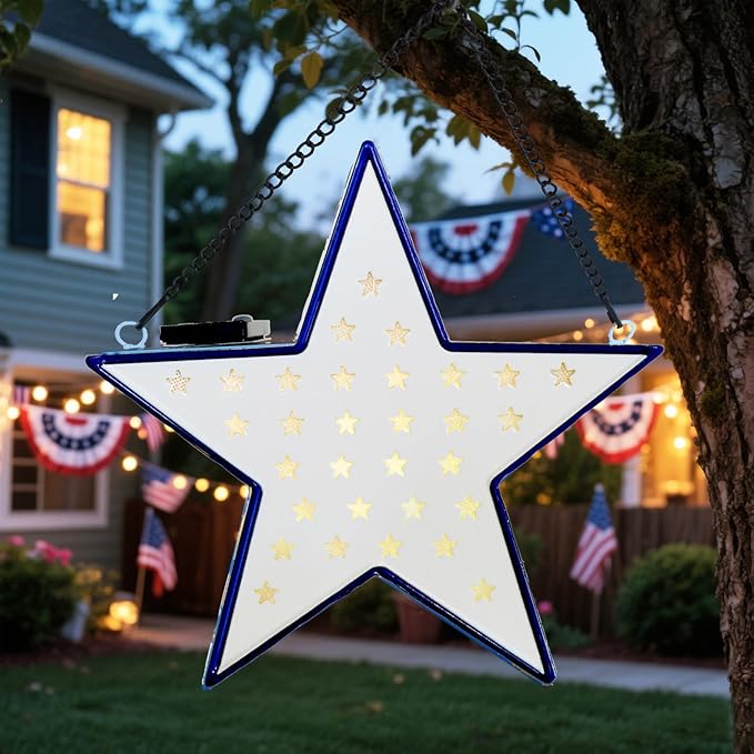 Metal Solar Star Lantern Light Outdoor Garden Decor for Patio,Yard,Tree,Patriotic Memorial Day 4th of July Star Decorations,White