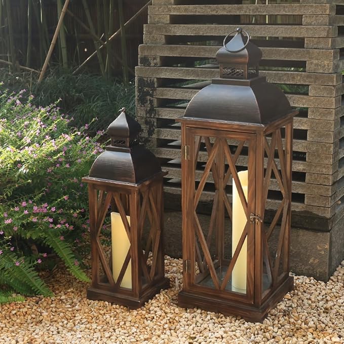 DECORKEY Large Farmhouse Wooden Metal Lantern Set of 2, 30''/22'' H Rustic Decorative Indoor & Outdoor Hanging Candle Lanterns, Wooden Outdoor Lanterns for Patio Front Porch Table, Brown