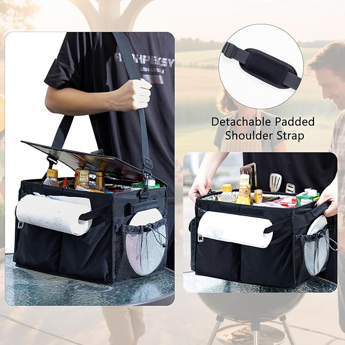 FRECOLSH Large Grill Caddy with Lid – BBQ Organizer for Camping, Tailgating, RV, Boating – Grilling Gifts for Men – Collapsible Griddle Tote Bag with Shoulder Strap – Outdoor Essentials