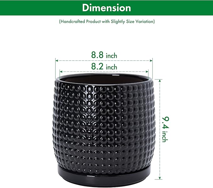 D'vine Dev 8 Inch Ceramic Beaded Stoneware Planter Pot - Flower Pot with Drainage Holes and Saucers for Indoor Succulent Plants or Flowers, Glossy Black, 27-C-Q-2