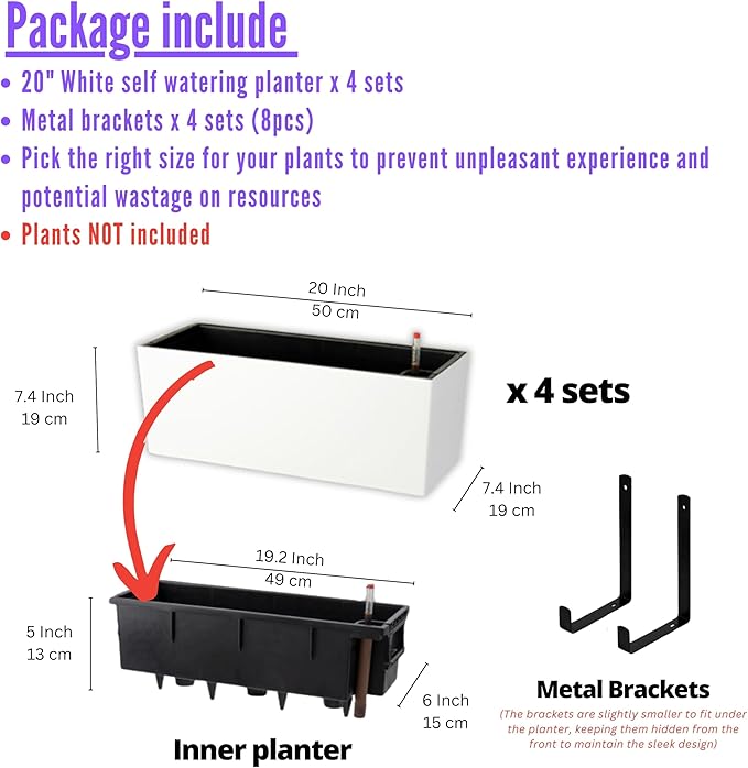 LaLaGreen Wall Hanging Planter Outdoor (20 Inch, 4 Pack) Wall Mounted Self Watering System Window Boxes with Bracket, White Rectangular Plant Pot Flower Box Container Indoor Modern Herb Kitchen Decor