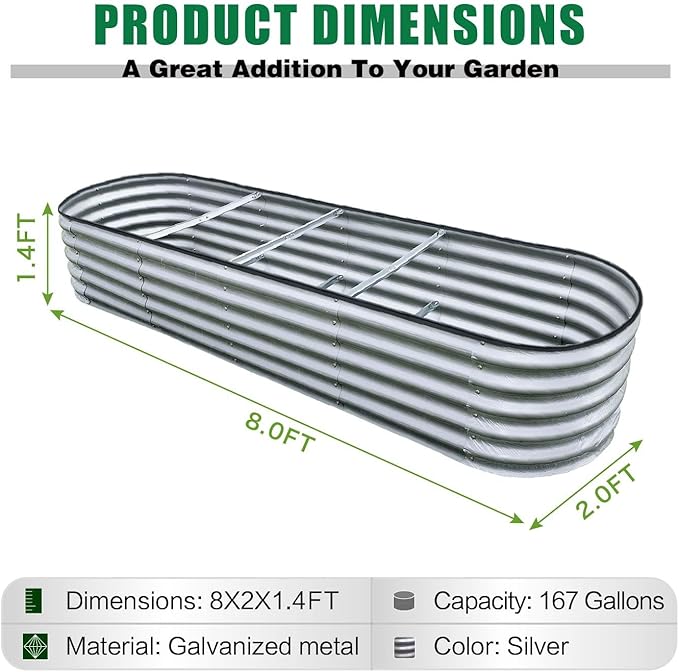 GrowHaus 8x2x1.4FT Galvanized Raised Garden Bed, Planter Boxes Outdoor Large Metal Garden Beds for Planting Vegetables Flowers Herbs Silver