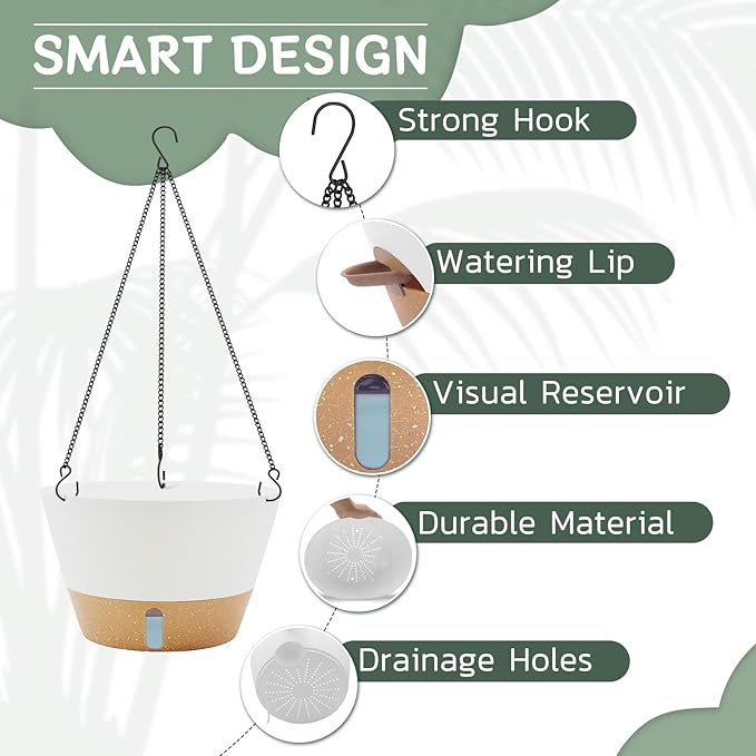 ZMTECH 12 Inch Hanging Planters for Indoor, 2 Pack Large Hanging Plant Pot with Visible Water Level and Chain, Self Watering Hanging Flower Pot for Outdoor Garden Porch(White)