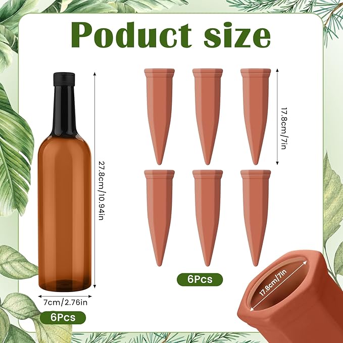 12 Pcs Self Watering Spikes for Plants Terracotta Automatic Plant Waterer Stakes with(25.5 Oz) PET Bottles, 6 Set Self Watering Globes Keep Plants Watered for 7-9 Days (Brown)