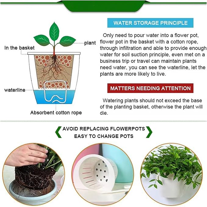 PP Plants Pots for Indoor Outdoor Gardening Hanging Self-Watering Flower Pots with Drainage Holes, Modern Planters for Houseplants Succulents Herbs (5, Medium)