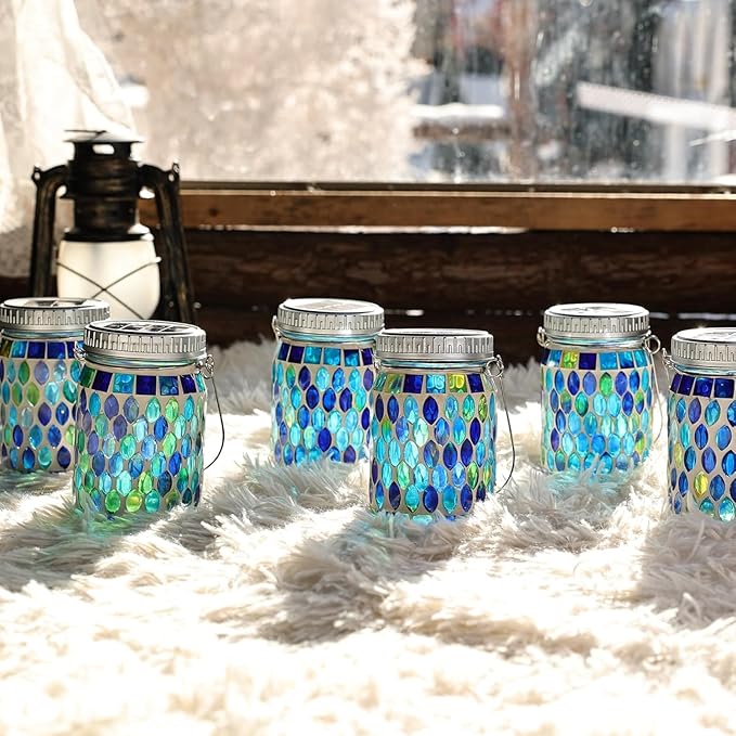 Cooo 4 Pack Mosaic Lanterns Outdoor Waterproof with 215% Larger Solar Panel, Never Rust Lids, True Capacity Battery- Solar Mason Mosaics Jar Lantern for Patio Garden Yard Balcony Christmas Decorations