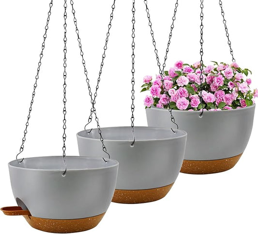 10 inch Hanging Planters for Indoor Plants, 3 Pack Self-Watering Hanging Planter Pots with Chain and Drainage Holes, Outdoor Plastic Hanging Baskets for Garden Home Decor