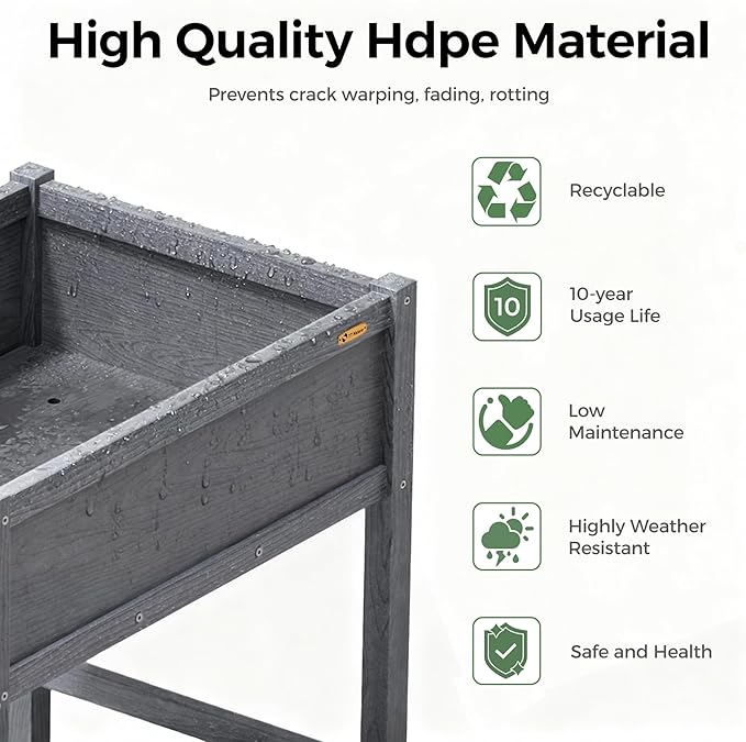 TT Nature HDPE Raised Garden Bed with Legs, Outdoor Elevated Planter Box for Vegetables, Herbs & Flowers, Weather-Resistant Raised Garden Beds for Patio, Balcony & Backyard Gardening