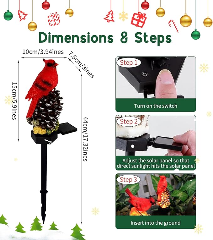 Cardinal Decor Solar Garden Decor Waterproof Red Bird Figurine Solar Stake Lights for Outside Yard Patio Lawn Porch Cemetery