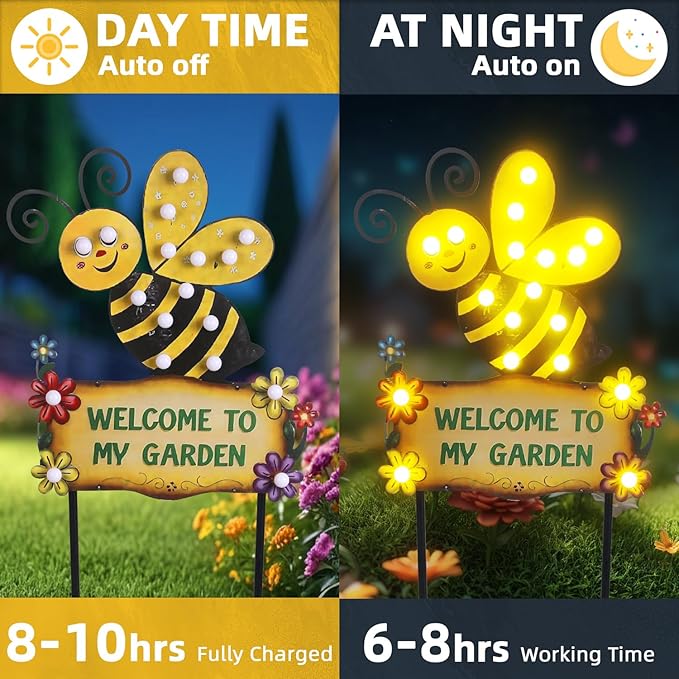 Large Yard Stakes 44.8" with Welcome to My Garden Sign, Solar Garden Lights Outdoor for Summer Decorations, Waterproof Metal Bee Decorative Yard Stakes