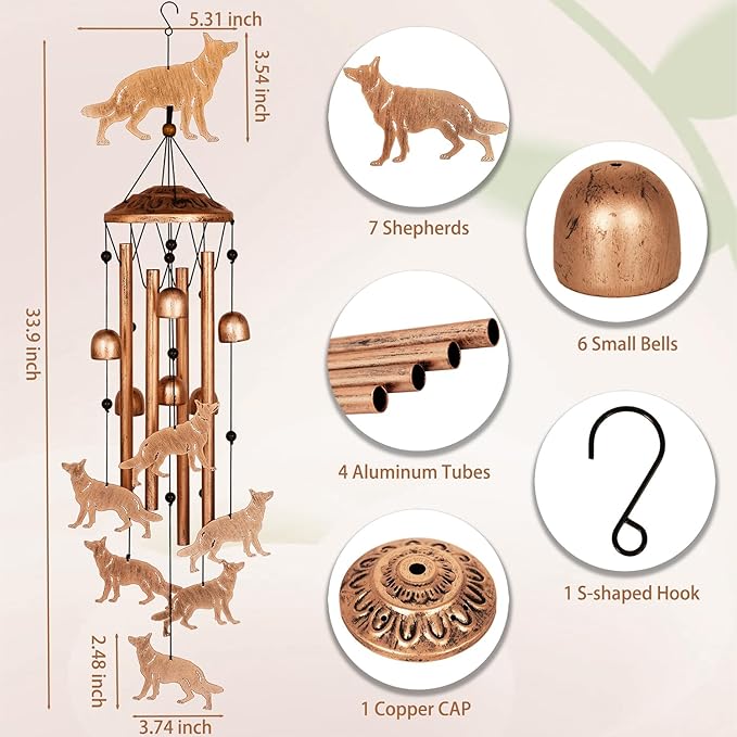 German Shepherd Wind Chimes for Outside, Metal Windchimes Outdoors, Shepherd Gifts for Women/Men, Memorial/Birthday Gifts, Garden Decor for Outside, Patio or Yard, Durable Chimes for Outdoors