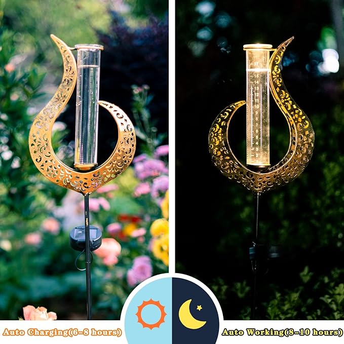 Rain Gauge Outdoor Decorative, Solar Garden Rain Gauge, 7" Capacity Glass Tube Metal Flame Shape for Garden Yard Lawn