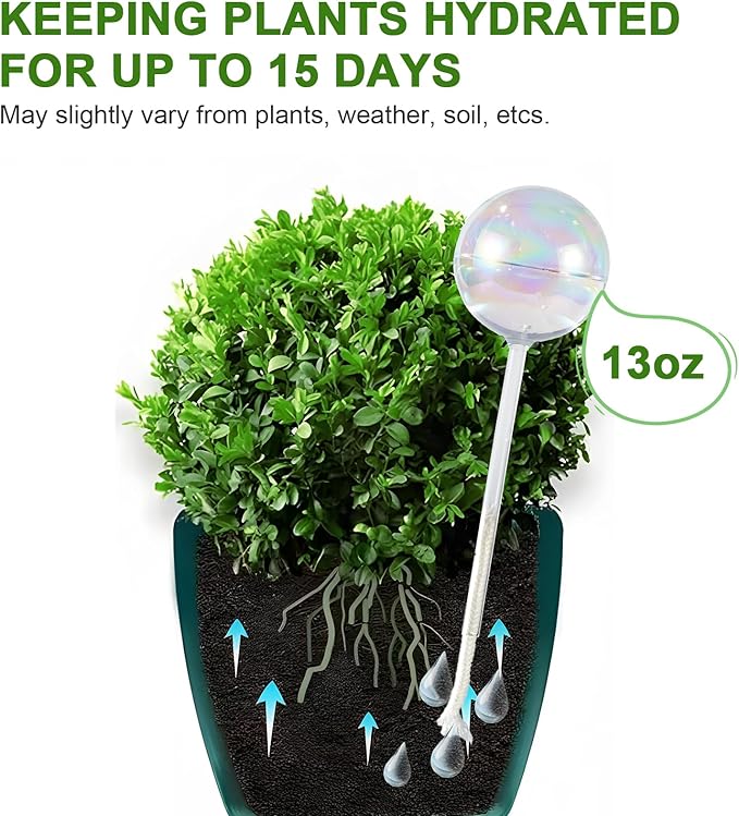 13 oz Up to 15 Days Extra Large Plant Watering Globes 2PCS, Light Iridescent Glass Self Water Bulbs for Indoor Outdoor Plants, Vacation Automatic Planter Waterer System Self-Watering Stakes