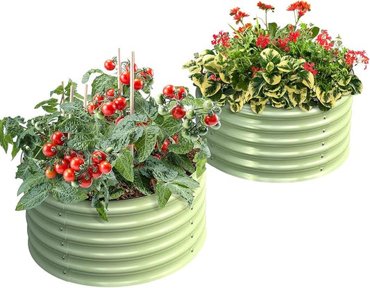 Olle Twin Round Metal Raised Garden Beds Outdoor for Vegetables, 17" Tall Galvanized Raised Garden Bed Raised Planter Box, Backyard Garden Box Patio Planter Raised Beds, Sage Green 24" X 17"