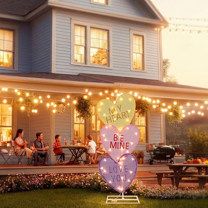 VIHOSE Valentine's Day Heart Lights 41 Inch H Pre-lit Lighted Heart Decor with 50 Warm White Lights Valentine's Day Conversation Candy Hearts Decoration for Indoor Outdoor Porch Garden Lawn (Vivid)