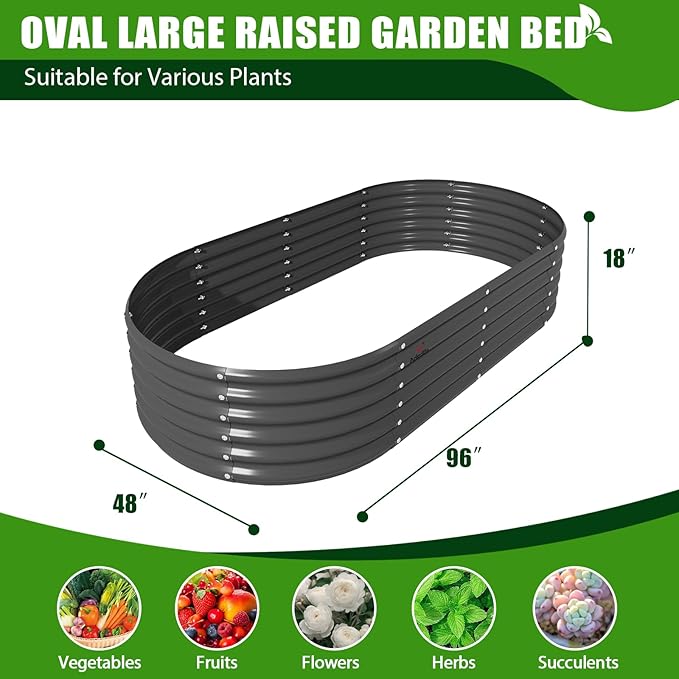 A ANLEOLIFE 8 Pcs 8X4X1.5 ft Oval Large Galvanized Raised Garden Beds Outdoor for Planting Vegetables Flowers Herb, Quartz Grey