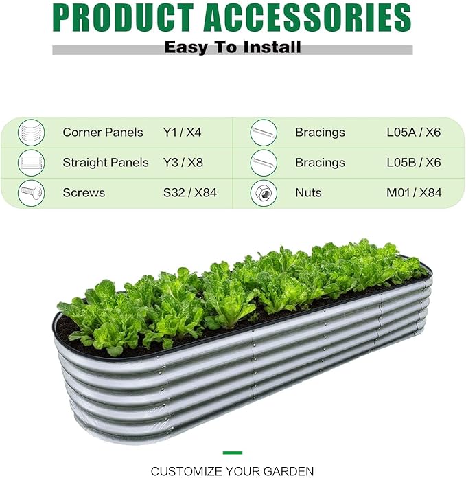 GrowHaus 8x2x1.4FT Galvanized Raised Garden Bed, Planter Boxes Outdoor Large Metal Garden Beds for Planting Vegetables Flowers Herbs Silver