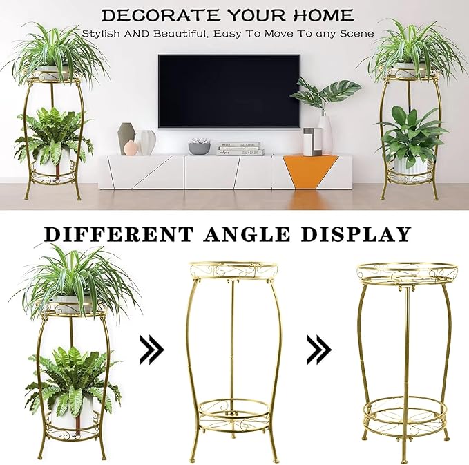 MOCORY Plant Stand Indoor Outdoor 2 Tier 27" Tall Metal Potted Holder Rack Flower Pot Stand Heavy Duty Plant Shelf Rustproof Iron Multiple Plant Round Supports Rack for Planter Corner Garden Balcony