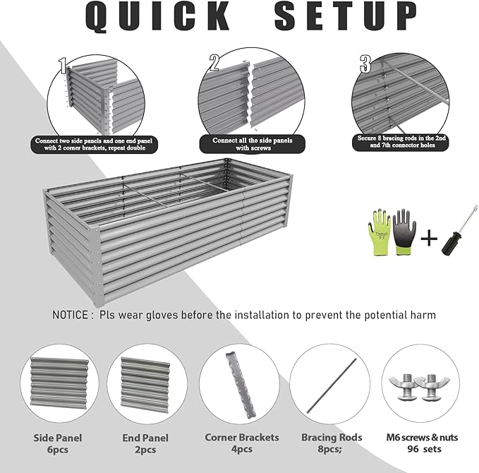 2 Packs Rectangular 8x3x2FT Galvanized Raised Garden Bed Kit Metal Ground Planter Box Outdoor Bottomless Planter Raised Beds for Vegetables Flowers Herbs Fruits, Gray
