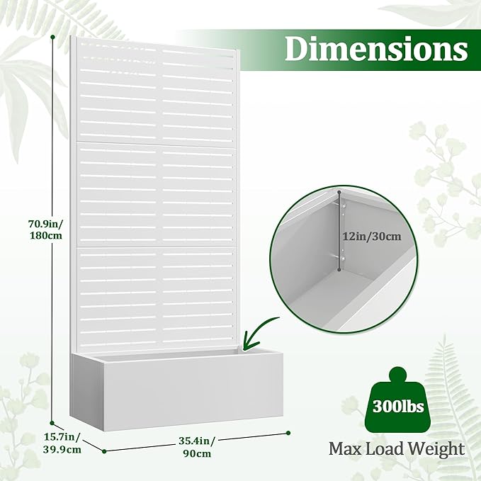 Metal Raised Garden Bed with Trellis, 2 in 1 Trellis with Planter Box & Privacy Screen for Climbing Plants, Vine, Outdoor Standing Flower Beds with Drainage Holes, 35.4" L x 15.7" W x 70.9" H, White