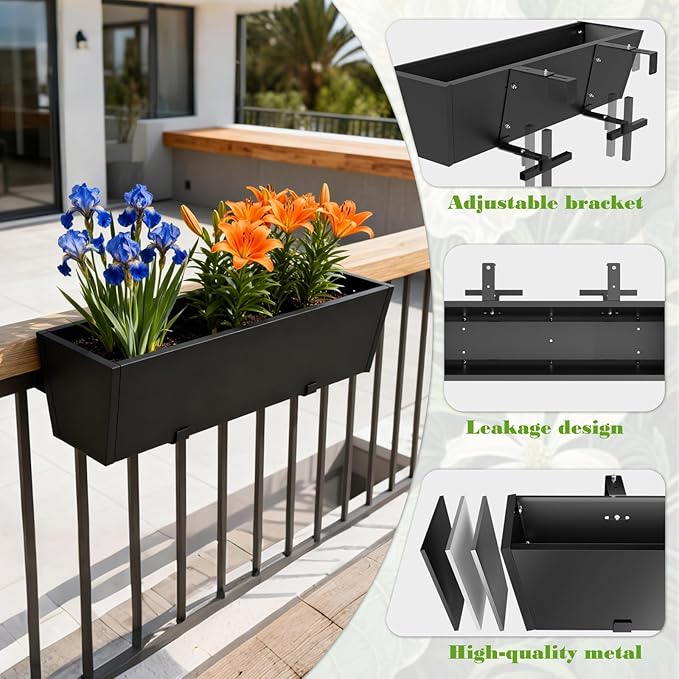 Railing Planter Box Metal Hanging Planter for Outdoor Balcony Heavy-Duty Window Planter Box with Adjustable Brackets