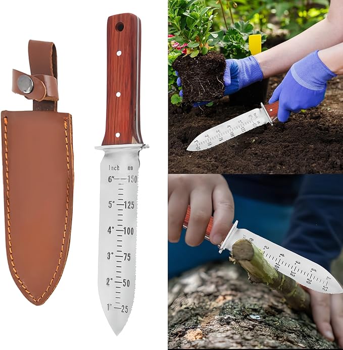 Garden Shovel Saw,Multifunctional Manual Weeding Tool for Weeding,Digging,Pruning,Cultivating, 7" Stainless Steel Blade with Sheath, Full-Tang Wood Handle with Hanging Hole (red)