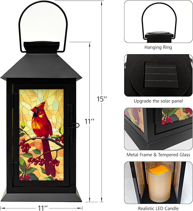 Cardinal Solar Memorial Lanterns, Outdoor Hanging Lanterns Waterproof LED Solar Cardinal Lights for Outdoor Patio Garden Sympathy Gifts for Loss of Mom Dad Loved One