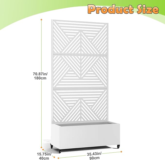 Metal Raised Garden Bed with Trellis, 2-in-1 Planter Box & Privacy Screen for Climbing Plants, Outdoor Standing Flower Bed with Drainage Holes, 35.4" L x 15.7" W x 70.1" H, White-Zodiac