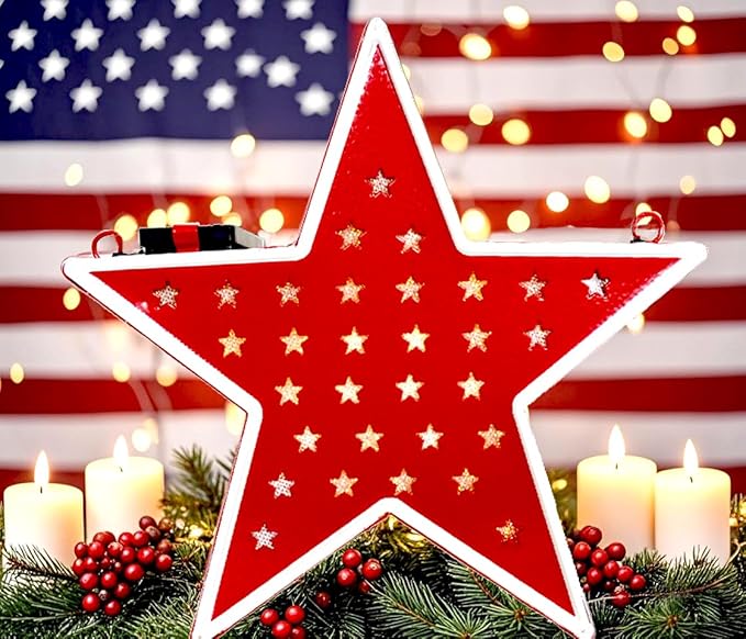 Star Solar Light Patriotic Decor for Outdoor-Garden,Patio,Tree,July 4th Country Star Indoor/Outdoor Memorial Day Decoration,Red